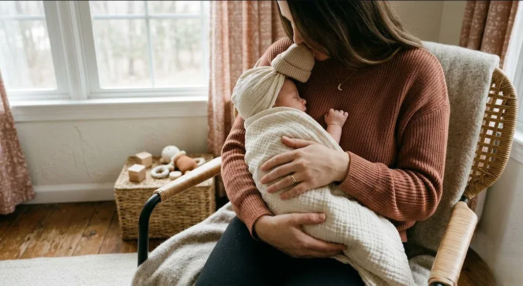 A new mother in a rocking chair in a softly lit nursery, cradling her infant, representing the themes of "Postpartum Depression and Anxiety Support in San Francisco, CA".