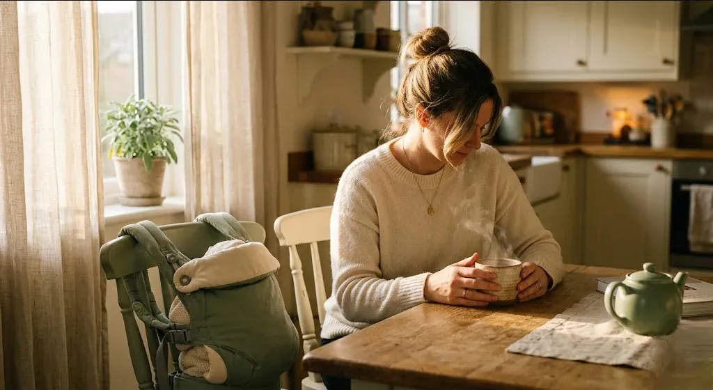 A woman at a kitchen table, baby carrier on the chair beside her, warm cup in hand, representing the themes of "Postpartum Depression and Anxiety Support in San Jose, CA".