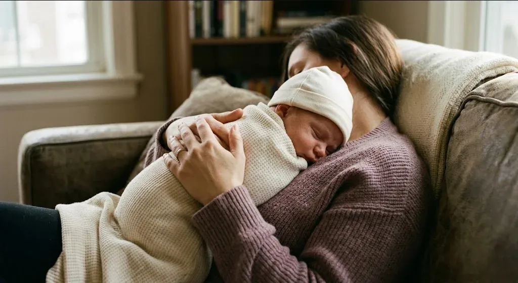 A parent on a couch, infant nestled on their chest, both still and quiet, representing the themes of "Postpartum Depression and Anxiety Support in Savannah, GA".