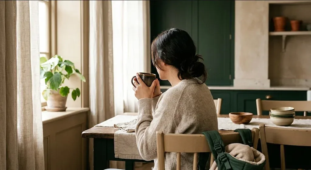 A woman at a kitchen table, baby carrier on the chair beside her, warm cup in hand, representing the themes of "Postpartum Depression and Anxiety Support in Scottsdale, AZ".