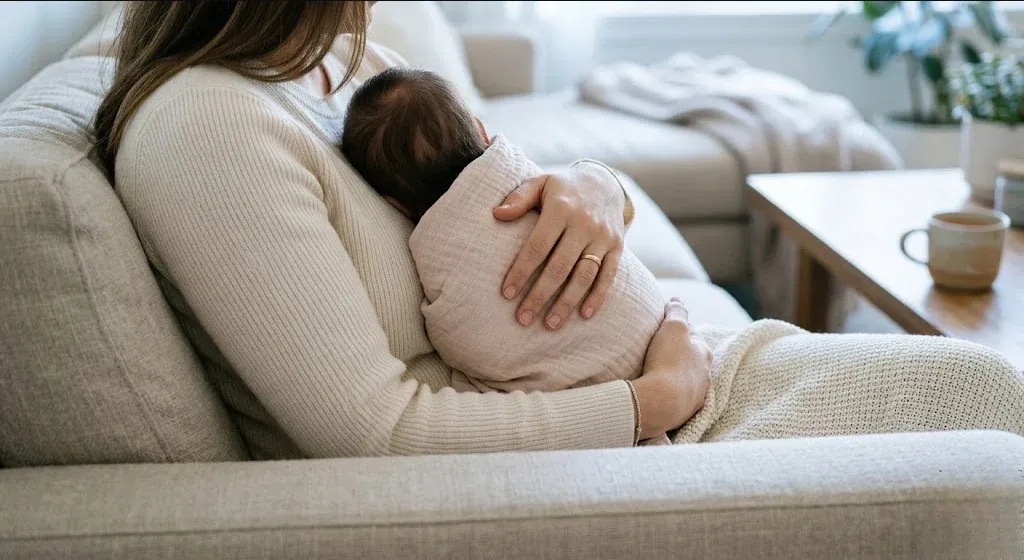 A parent on a couch, infant nestled on their chest, both still and quiet, representing the themes of "Postpartum Depression and Anxiety Support in Seattle, WA".