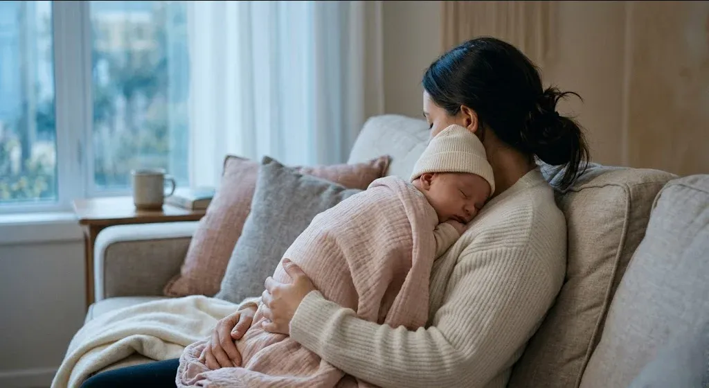 A parent on a couch, infant nestled on their chest, both still and quiet, representing the themes of "Postpartum Depression and Anxiety Support in Spokane, WA".