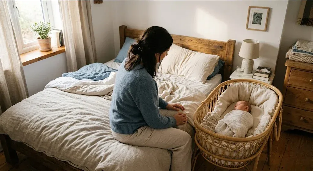 A mother sitting on the edge of a bed in morning light, infant asleep nearby in a bassinet, representing the themes of "Postpartum Depression and Anxiety Support in St. Petersburg, FL".