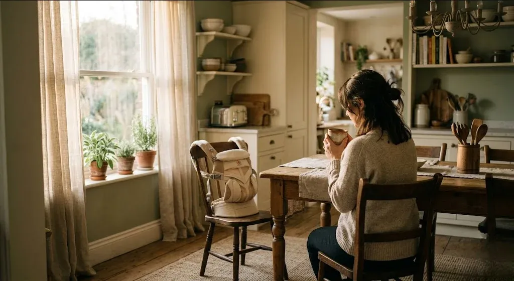 A woman at a kitchen table, baby carrier on the chair beside her, warm cup in hand, representing the themes of "Postpartum Depression and Anxiety Support in Tacoma, WA".