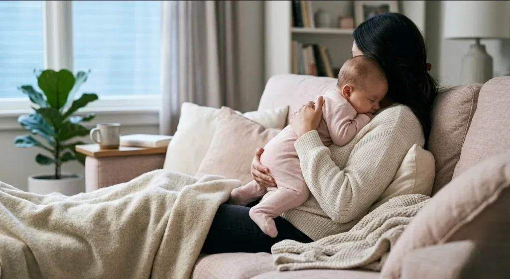 A parent on a couch, infant nestled on their chest, both still and quiet, representing the themes of "Postpartum Depression and Anxiety Support in Tampa, FL".