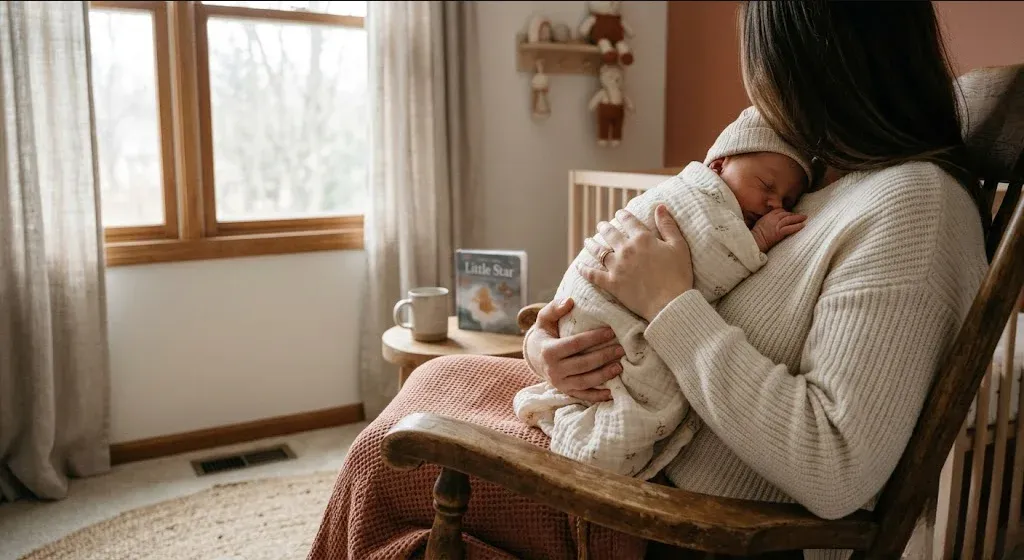 A new mother in a rocking chair in a softly lit nursery, cradling her infant, representing the themes of "Postpartum Depression and Anxiety Support in Tucson, AZ".