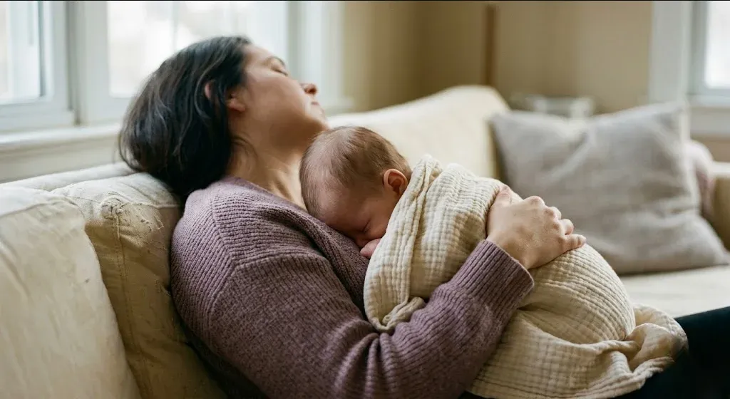 A parent on a couch, infant nestled on their chest, both still and quiet, representing the themes of "Postpartum Depression and Anxiety Support in Tulsa, OK".