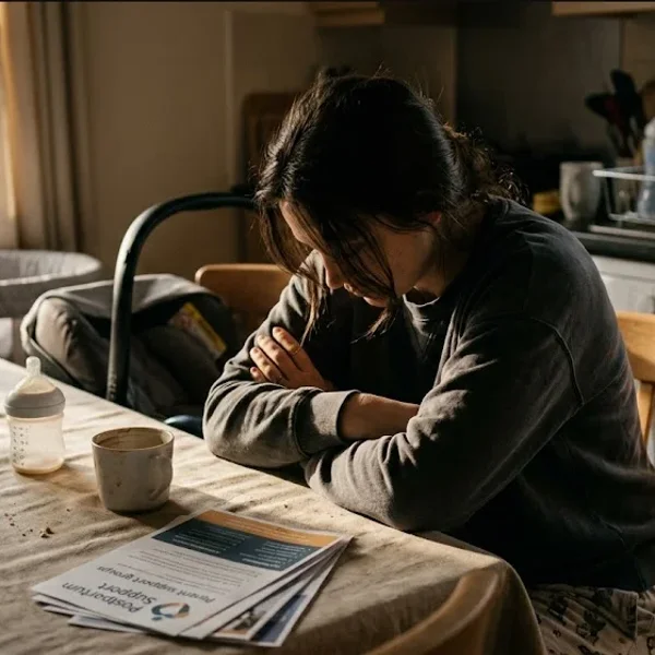 A woman at a kitchen table, baby carrier on the chair beside her, warm cup in hand, representing the themes of "What Every Baby Brand Should Know About Postpartum Depression".