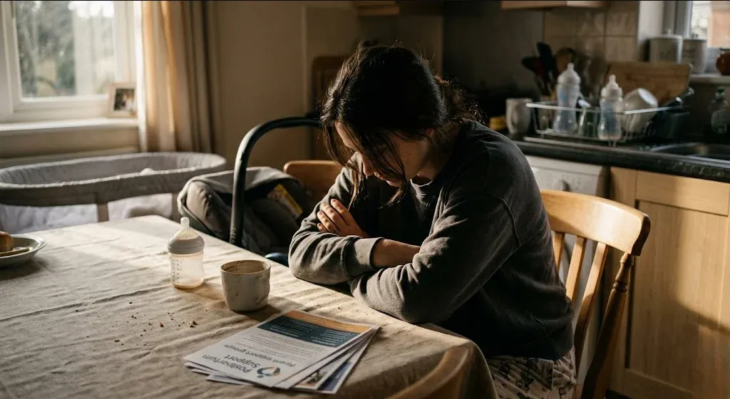 A woman at a kitchen table, baby carrier on the chair beside her, warm cup in hand, representing the themes of "What Every Baby Brand Should Know About Postpartum Depression".