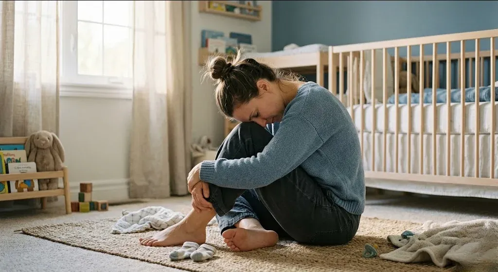 A mother sitting on the floor of a nursery, resting her head on her knees in soft afternoon light.