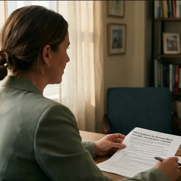 A woman at a kitchen table, baby carrier on the chair beside her, warm cup in hand, representing the themes of "Postpartum Depression and FMLA: What HR Needs to Know".