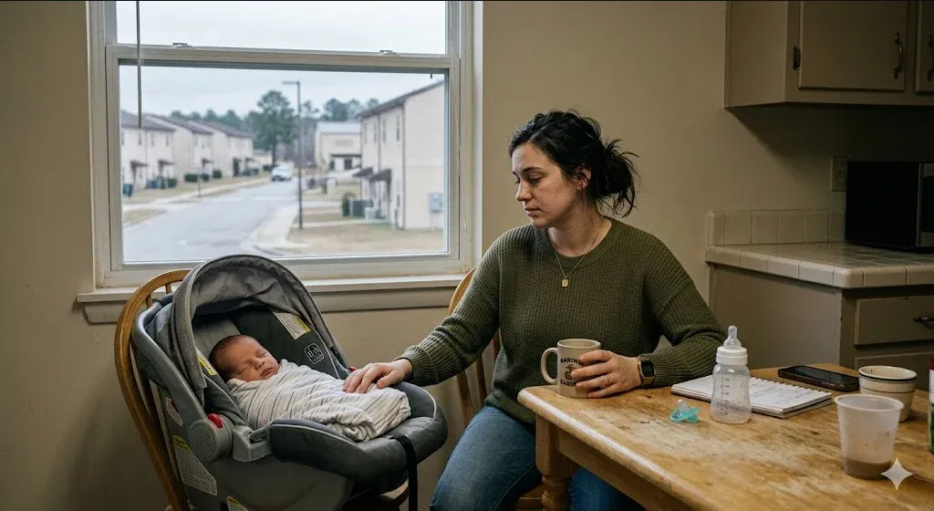 Young military spouse at kitchen table with newborn in car seat, military base housing visible through window