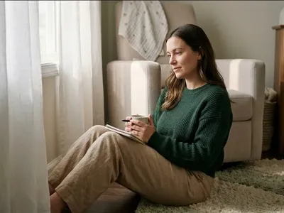 A woman at a kitchen table, baby carrier on the chair beside her, warm cup in hand, representing the themes of "Postpartum Depression Screening: What Your Score Means and What to Do Next".