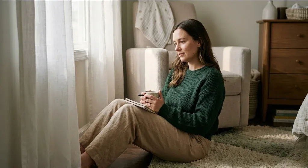 A woman at a kitchen table, baby carrier on the chair beside her, warm cup in hand, representing the themes of "Postpartum Depression Screening: What Your Score Means and What to Do Next".