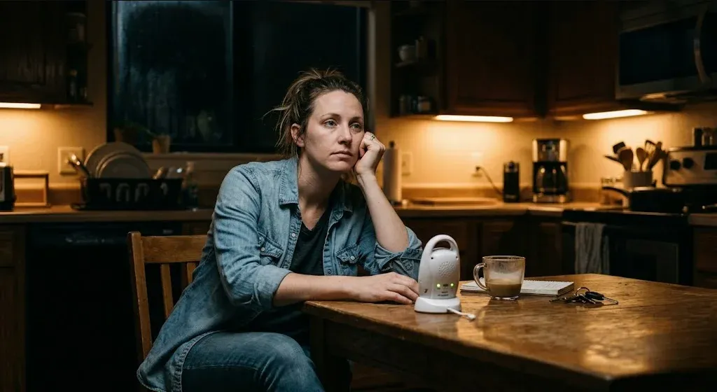 Exhausted Texas mother sitting at kitchen table at night, baby monitor in front of her, expression absent and distant