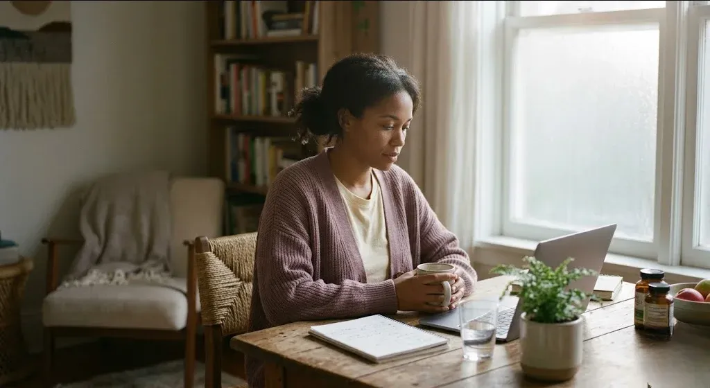A parent on a couch, infant nestled on their chest, both still and quiet, representing the themes of "What to Know About Postpartum Hair Loss and Nutrition".