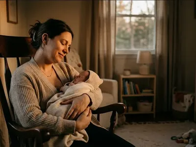 A new mother in a rocking chair in a softly lit nursery, cradling her infant, representing the themes of ""Why Am I So Jumpy?" How Postpartum Hypervigilance is a Sign of Unresolved Birth Trauma".