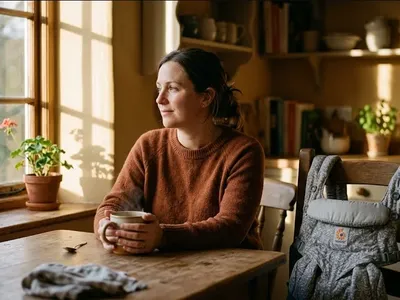 A woman at a kitchen table, baby carrier on the chair beside her, warm cup in hand, representing the themes of "It Felt More Like a Death Than a Birth: A Mother’s Story of Losing and Finding Herself".