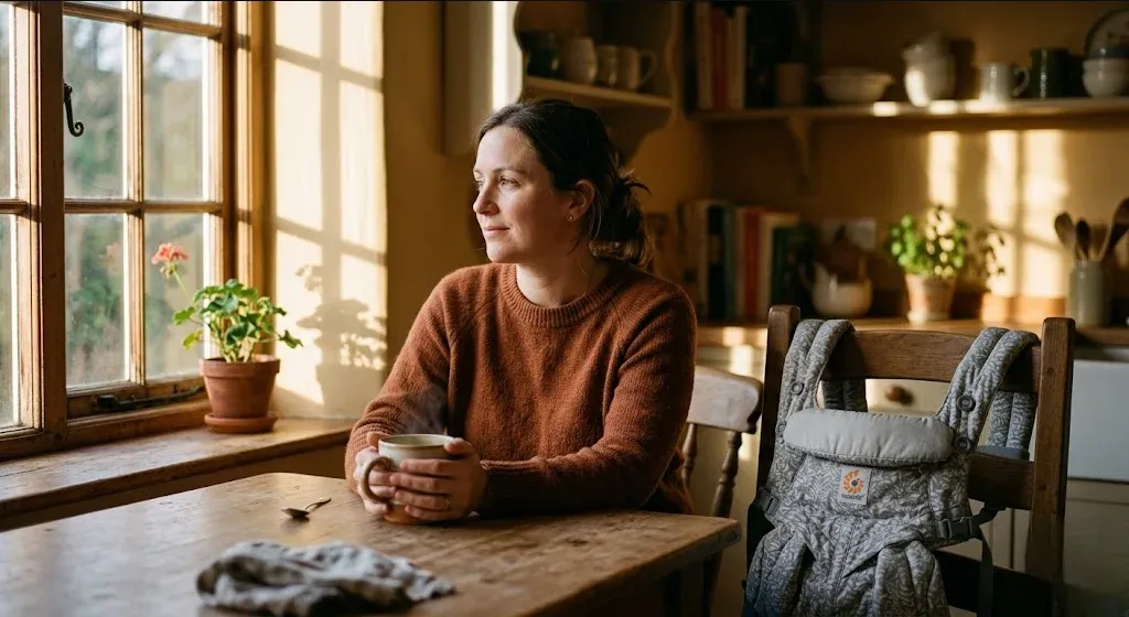 A woman at a kitchen table, baby carrier on the chair beside her, warm cup in hand, representing the themes of "It Felt More Like a Death Than a Birth: A Mother’s Story of Losing and Finding Herself".