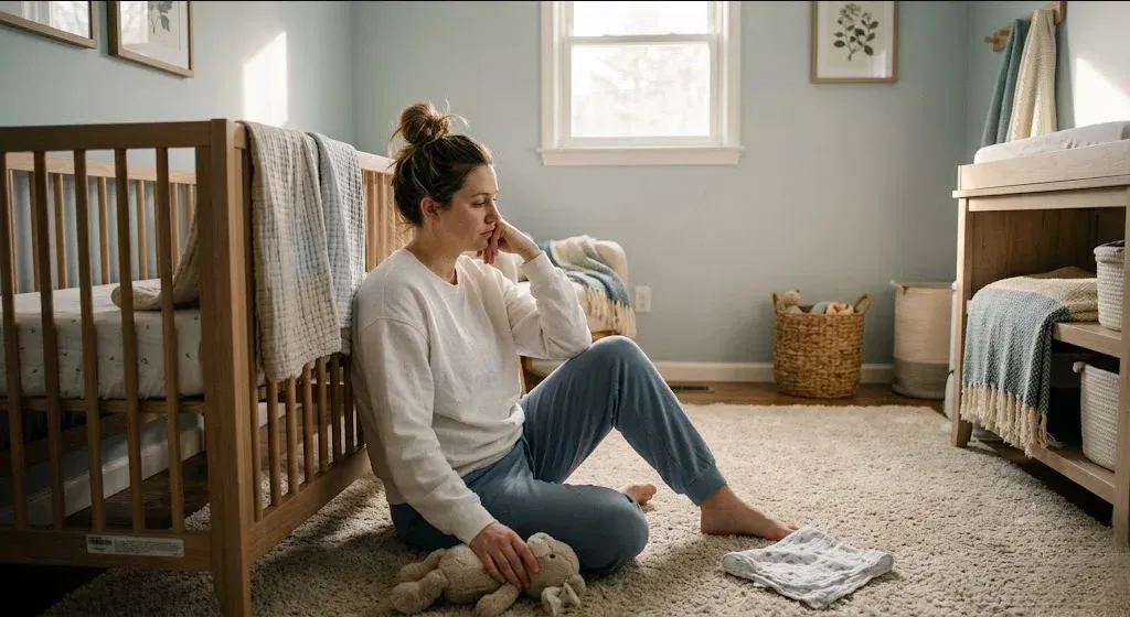 A mother sitting on the edge of a bed in morning light, infant asleep nearby in a bassinet, representing the themes of "Postpartum Loneliness: Why It Happens and What Actually Helps".