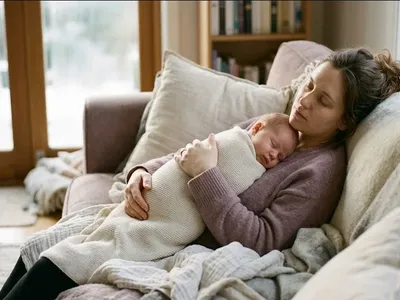A parent on a couch, infant nestled on their chest, both still and quiet, representing the themes of "Is It Postpartum Loneliness or a Sign of Depression? A Guide to the Key Differences".