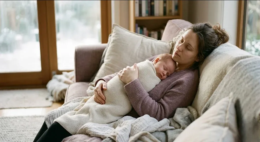 A parent on a couch, infant nestled on their chest, both still and quiet, representing the themes of "Is It Postpartum Loneliness or a Sign of Depression? A Guide to the Key Differences".