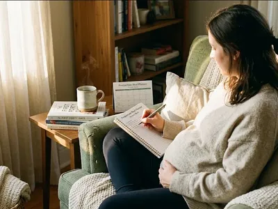 A woman at a kitchen table, baby carrier on the chair beside her, warm cup in hand, representing the themes of "How to Prep Food Before Baby: Postpartum Meal Guide".