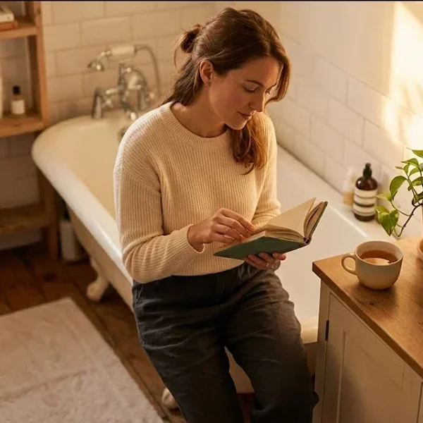 A new mother in a rocking chair in a softly lit nursery, cradling her infant, representing the themes of "Community Outreach Language for Postpartum Mental Health".