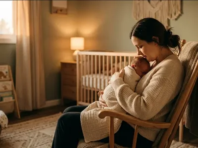 A new mother in a rocking chair in a softly lit nursery, cradling her infant, representing the themes of "Postpartum Mental Health: When to Get Help, Call a Doctor, or Go to the ER".