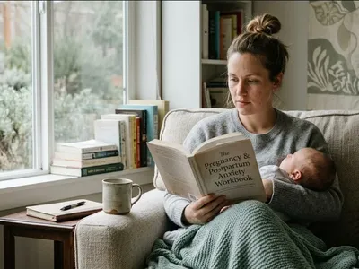 A mother sitting on the edge of a bed in morning light, infant asleep nearby in a bassinet, representing the themes of "Living With Postpartum OCD: A Daily Coping Guide".