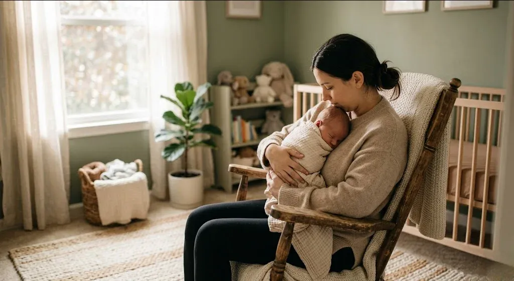 A new mother sitting in a rocking chair in a softly lit nursery, gently cradling her infant, evoking the themes of "Postpartum OCD: Statistics, Prevalence, and Who Is Affected".
