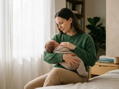 A woman at a kitchen table, baby carrier on the chair beside her, warm cup in hand, representing the themes of "Postpartum OCD Treatment Options: What Actually Works".