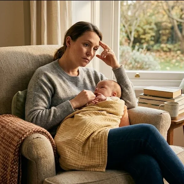 A woman at a kitchen table, baby carrier on the chair beside her, warm cup in hand, representing the themes of "Early Warning Signs of Postpartum Psychosis: What Families Need to Know".