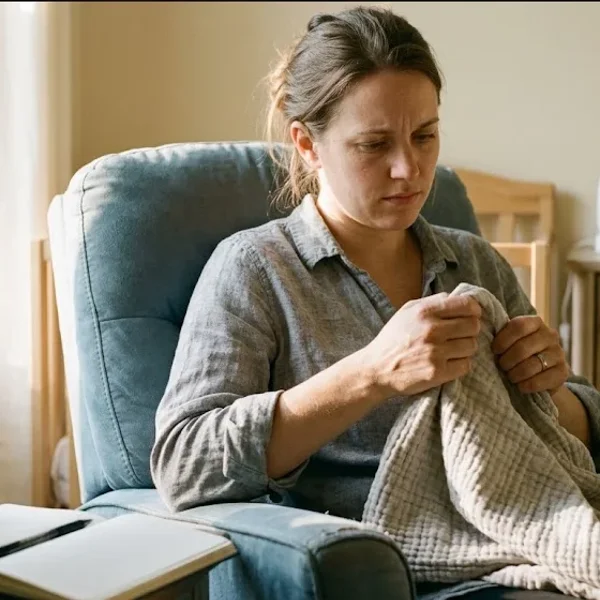 A mother sitting on the edge of a bed in morning light, infant asleep nearby in a bassinet, representing the themes of "Postpartum Psychosis: Recognizing the Early Warning Signs".
