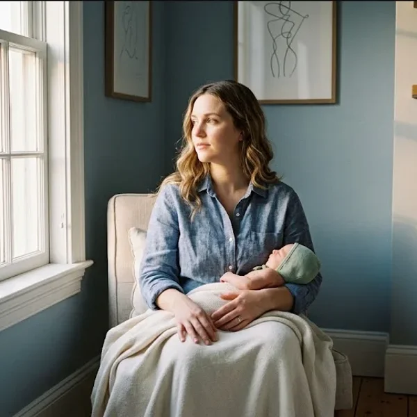 A mother sitting on the edge of a bed in morning light, infant asleep nearby in a bassinet, representing the themes of "Fear of Hospitalization Is Keeping Some Postpartum Psychosis Cases Untreated".