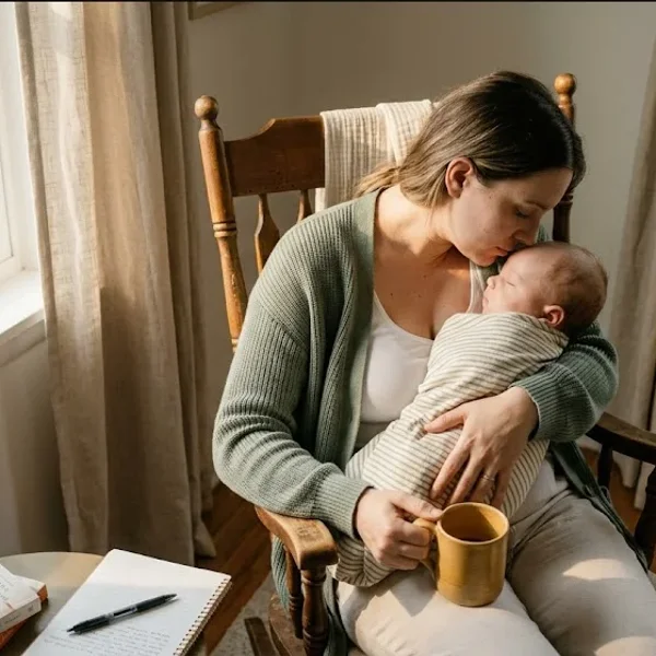 A woman at a kitchen table, baby carrier on the chair beside her, warm cup in hand, representing the themes of "Postpartum Psychosis: How to Get Help and What Recovery Looks Like".