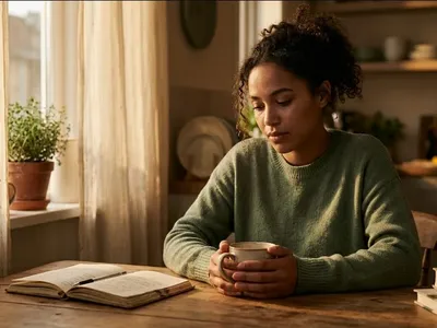 A woman at a kitchen table, baby carrier on the chair beside her, warm cup in hand, representing the themes of "After Postpartum Psychosis: What Recovery Actually Looks Like".