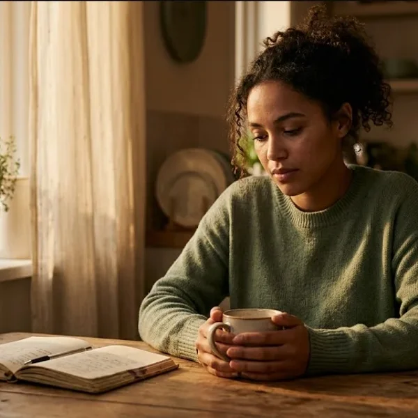 A woman at a kitchen table, baby carrier on the chair beside her, warm cup in hand, representing the themes of "After Postpartum Psychosis: What Recovery Actually Looks Like".