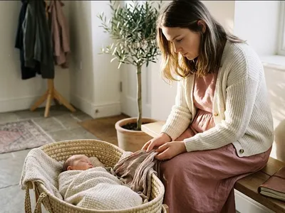 A parent on a couch, infant nestled on their chest, both still and quiet, representing the themes of "Risk Factors for Postpartum Psychosis: Who Is Most Vulnerable".