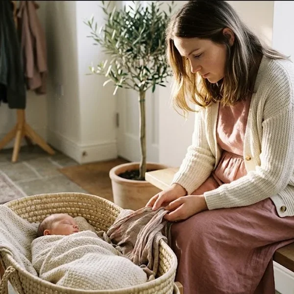 A parent on a couch, infant nestled on their chest, both still and quiet, representing the themes of "Risk Factors for Postpartum Psychosis: Who Is Most Vulnerable".