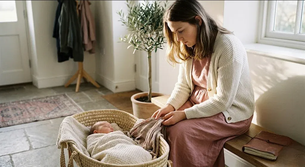 A parent on a couch, infant nestled on their chest, both still and quiet, representing the themes of "Risk Factors for Postpartum Psychosis: Who Is Most Vulnerable".