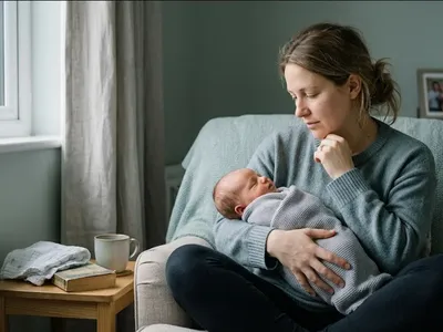 A mother sitting on the edge of a bed in morning light, infant asleep nearby in a bassinet, representing the themes of "Postpartum Psychosis vs. Postpartum Depression: Understanding the Difference".