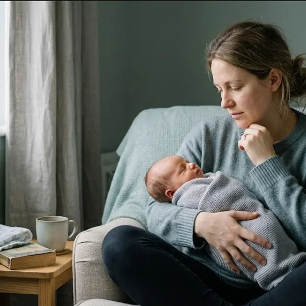 A mother sitting on the edge of a bed in morning light, infant asleep nearby in a bassinet, representing the themes of "Postpartum Psychosis vs. Postpartum Depression: Understanding the Difference".