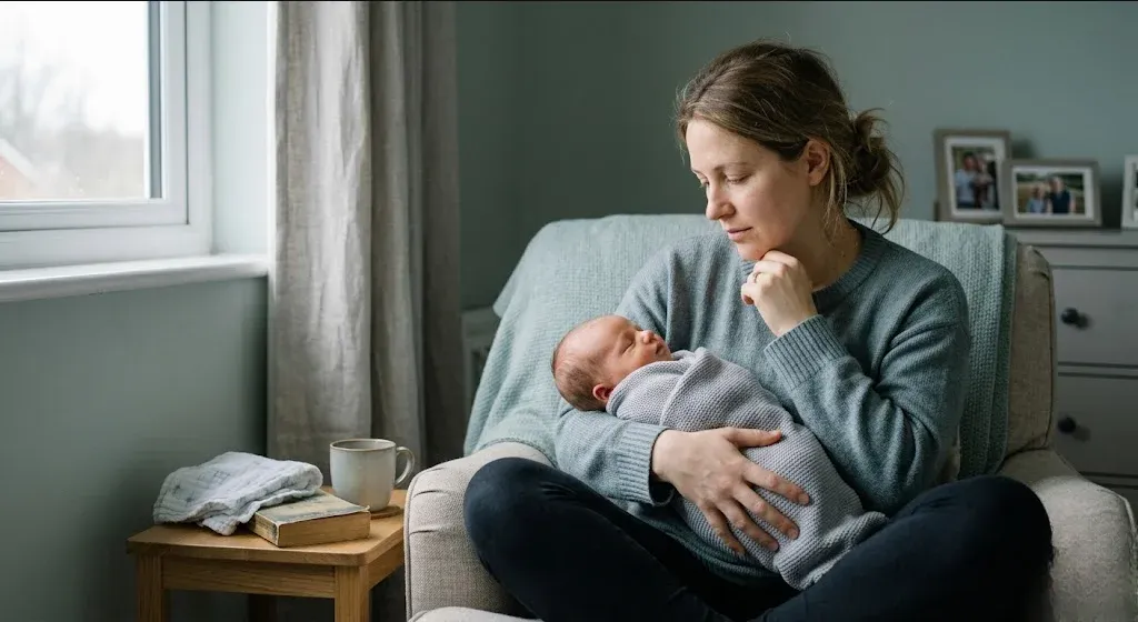 A mother sitting on the edge of a bed in morning light, infant asleep nearby in a bassinet, representing the themes of "Postpartum Psychosis vs. Postpartum Depression: Understanding the Difference".
