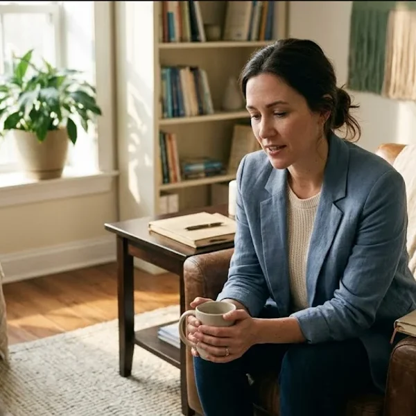 A mother sitting on the edge of a bed in morning light, infant asleep nearby in a bassinet, representing the themes of "Postpartum Psychosis: What to Do If You Think Someone Is Experiencing It".