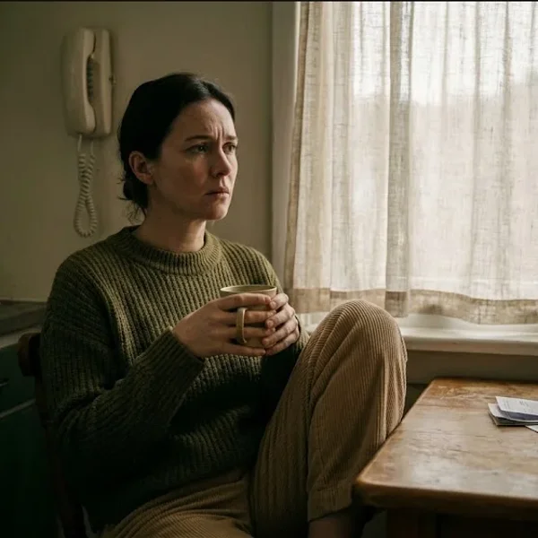A woman at a kitchen table, baby carrier on the chair beside her, warm cup in hand, representing the themes of "Postpartum Psychosis: What to Do If You Think It's Happening Right Now".