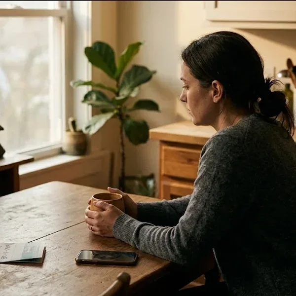 A woman at a kitchen table, baby carrier on the chair beside her, warm cup in hand, representing the themes of "Postpartum Psychosis: Where to Get Help Right Now".