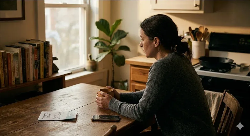 A woman at a kitchen table, baby carrier on the chair beside her, warm cup in hand, representing the themes of "Postpartum Psychosis: Where to Get Help Right Now".