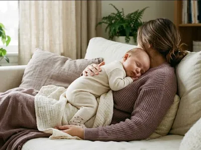 A parent on a couch, infant nestled on their chest, both still and quiet, representing the themes of "Postpartum Rage Quotes: For When You're Angry and Don't Know Why".