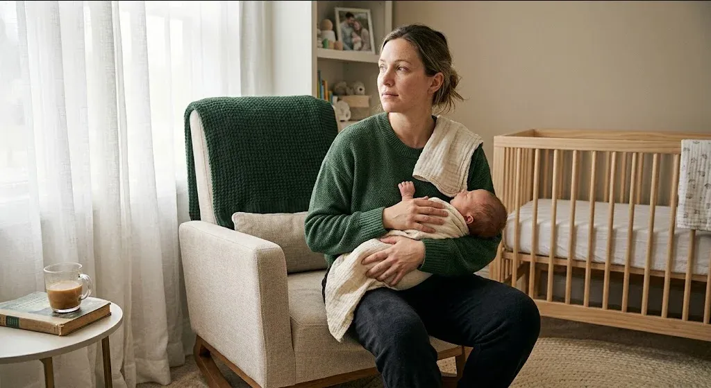 A woman at a kitchen table, baby carrier on the chair beside her, warm cup in hand, representing the themes of "Your Relationship After Baby: What's Actually Happening and What Helps".